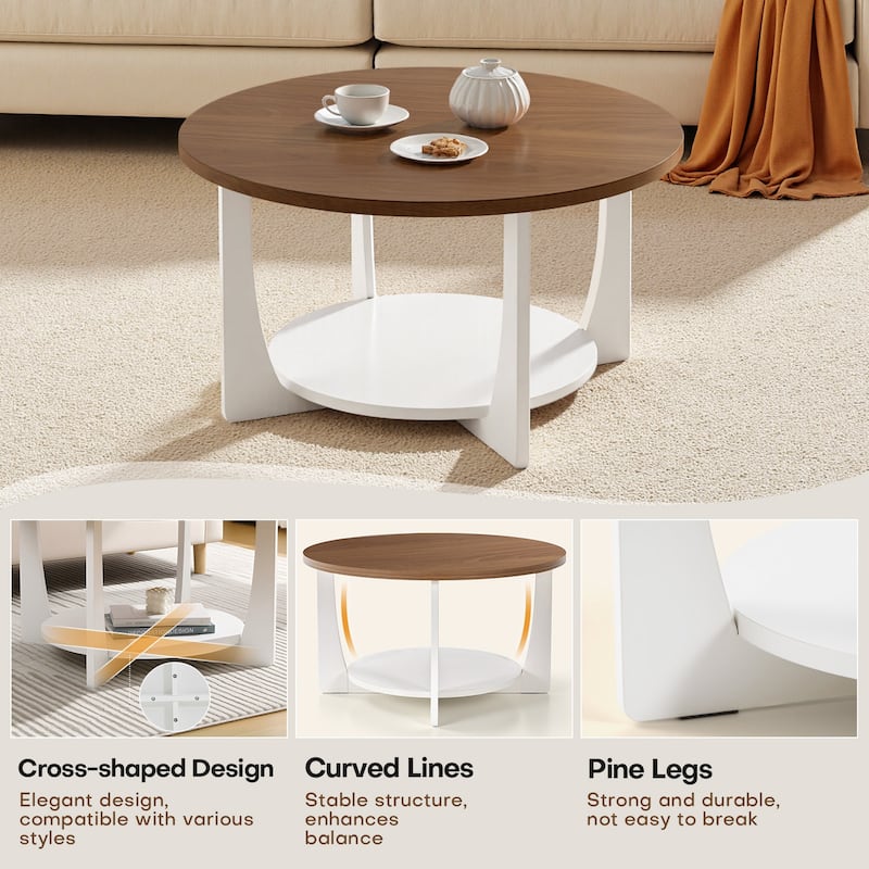 31.5" Round Coffee Table with Solid Wood Legs and 2-Tier Storage - 31.5"Dia x 17.72"H