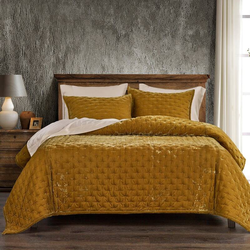 HiEnd Accents Stella Solid Color Faux Silk Velvet Romantic Modern Rustic 3 Piece Quilt Set with Pillow Shams - Saffron - Twin