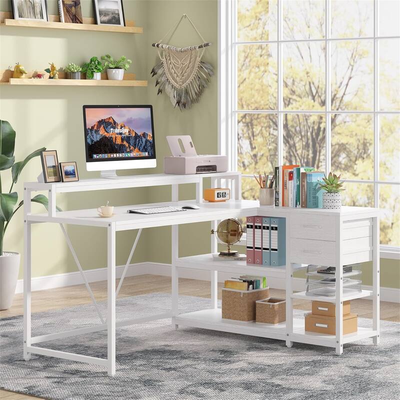 55" L-Shaped Farmhouse Office Desk - White
