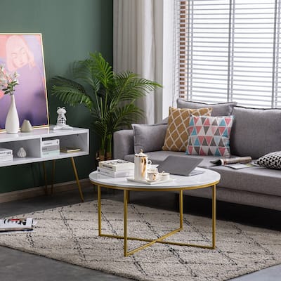 Modern Round Coffee Accent Table for Living Room Marble/Gold