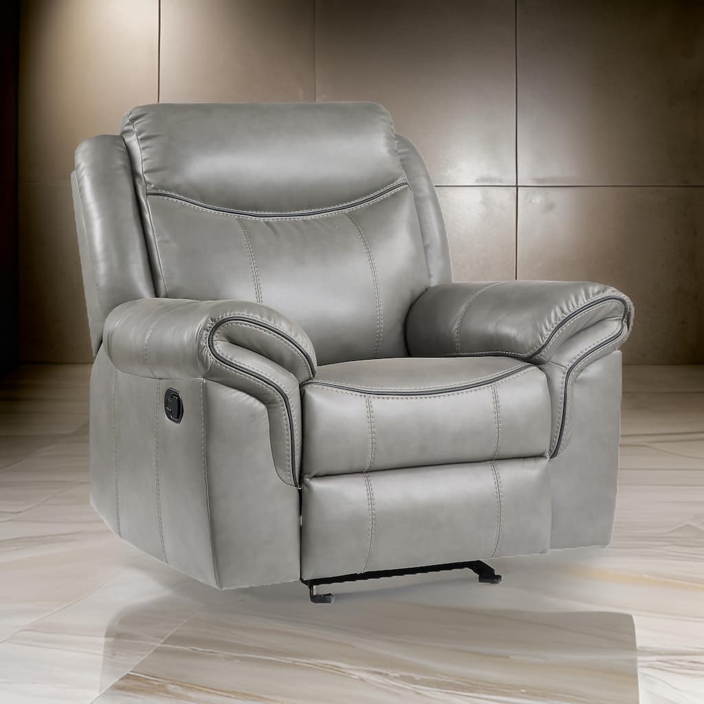 Max 42 Inch Manual Recliner Chair, Gray Faux Leather, Solid Wood, Metal