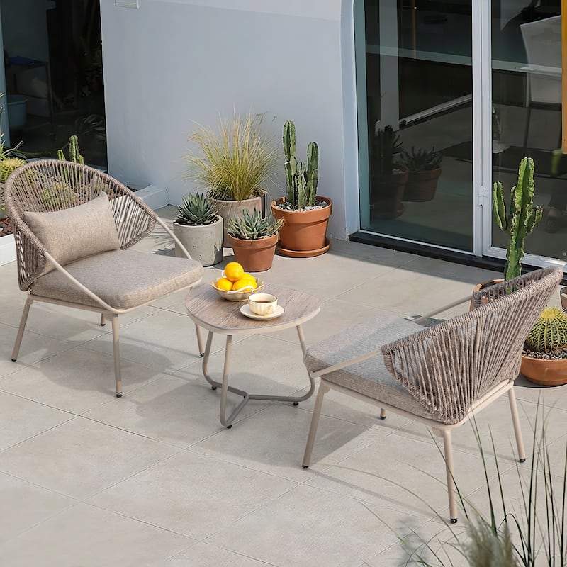 3PCS Metal and PE Wicker Patio Bistro Set with Zippered Cushions, Wood-Grain Tabletop