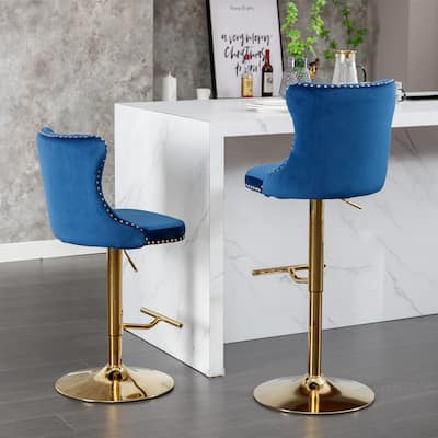 Upholstered Base Bar Stools with Backs Adjustable Swivel Bar Chair (Set of 2), Blue