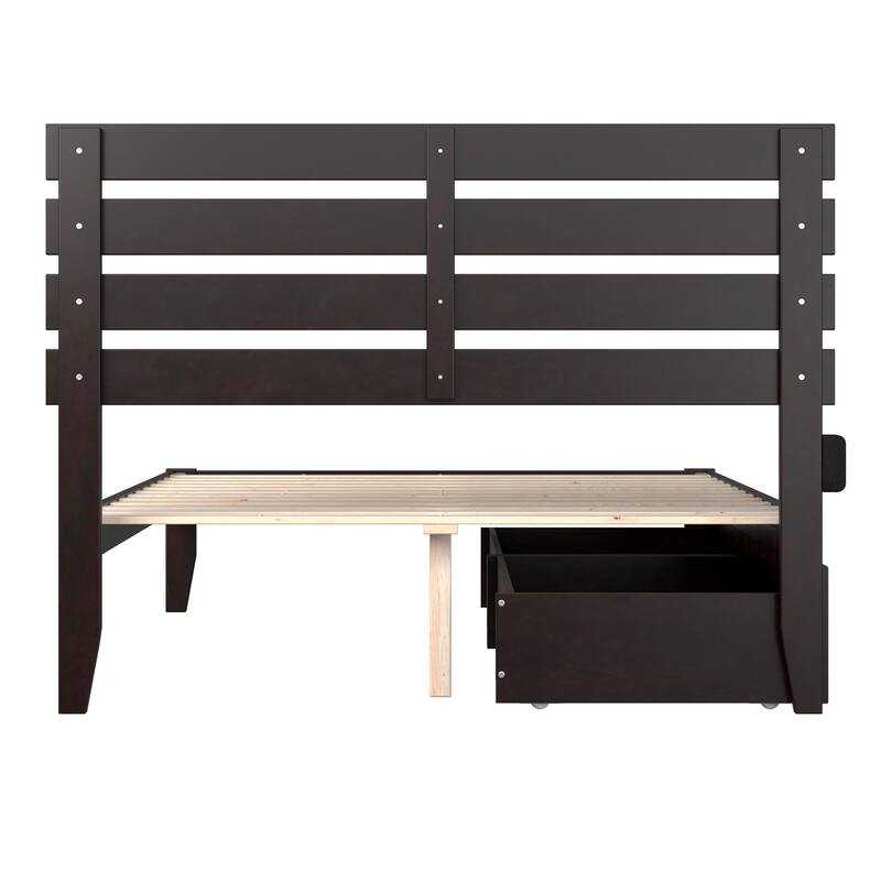 Full Bed with Drawers - Espresso Finish, Modern Farmhouse Style, Solid Wood Frame, Storage Bed