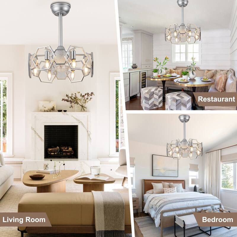 CurveCurio 20" Chandelier Ceiling Fan w Textured Glass Accent, 6 Lights Quiet DC Motor 6 Speed w Remote Control