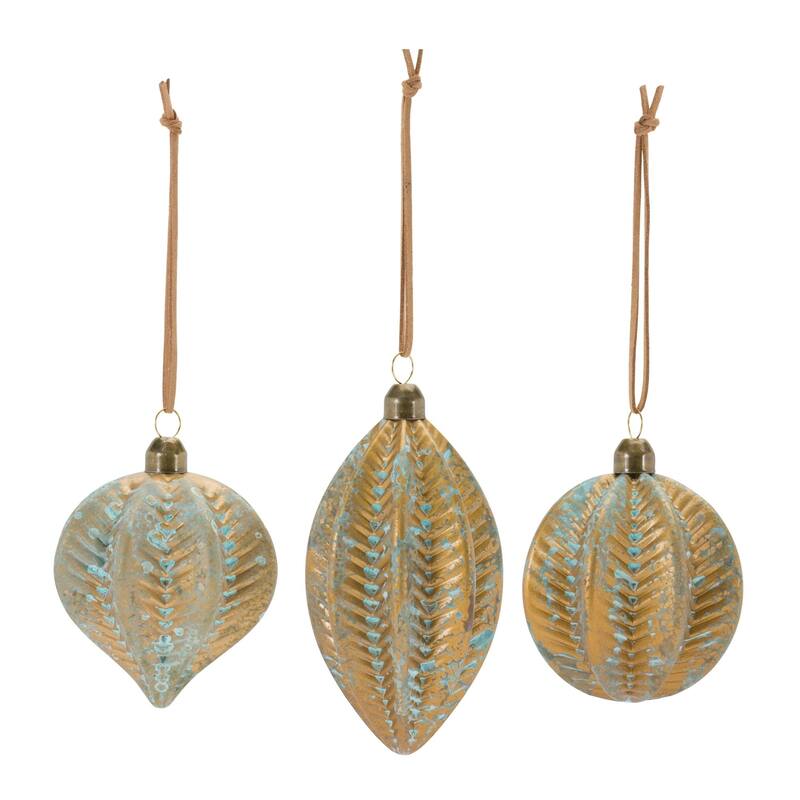 Distressed Ribbed Glass Christmas Ornaments 5.5" 140mm Brown Blue 12Ct