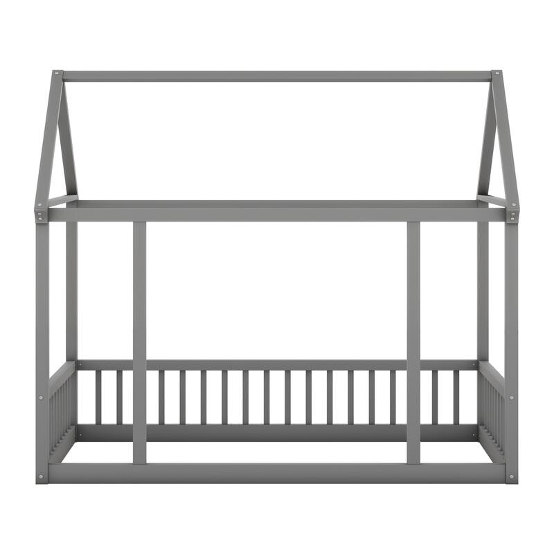 Pine Wood Floor Bed with House Roof Frame and Safety Guardrails