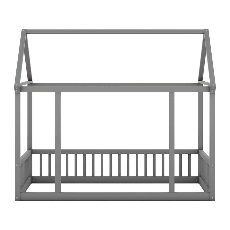 Pine Wood Floor Wooden Bed with House Roof Frame and Safety Guardrails