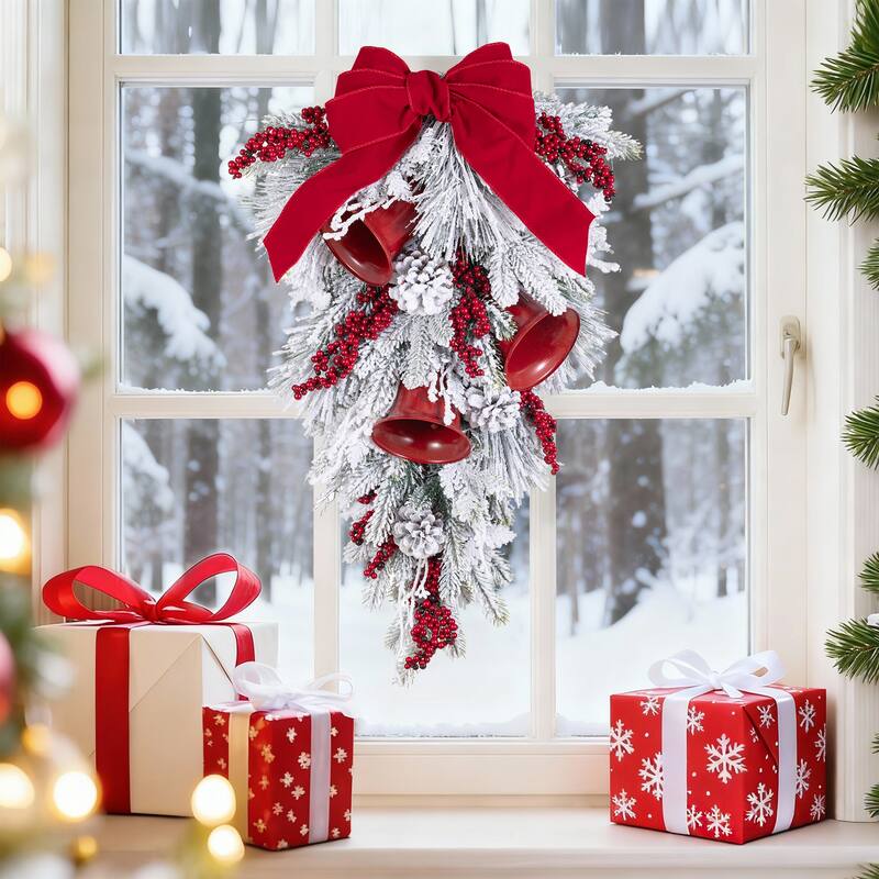 Glitzhome Christmas Berry Bow Pinecone Bell Holy Leaf Teardrop Swag Xmas Wreath