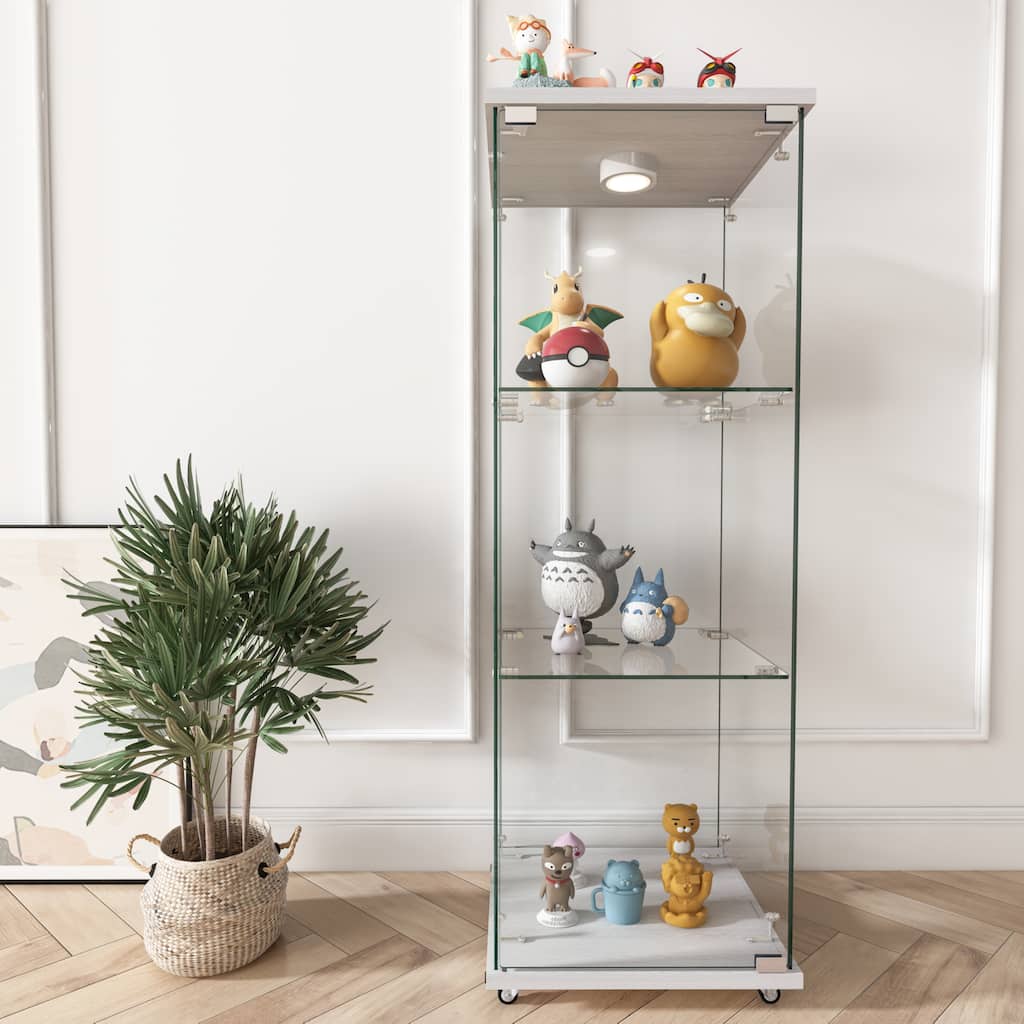 Modern Glass Display Cabinet with LED lights, Quick-assembly Antique Cabinet, Tempered Glass Bookshelf