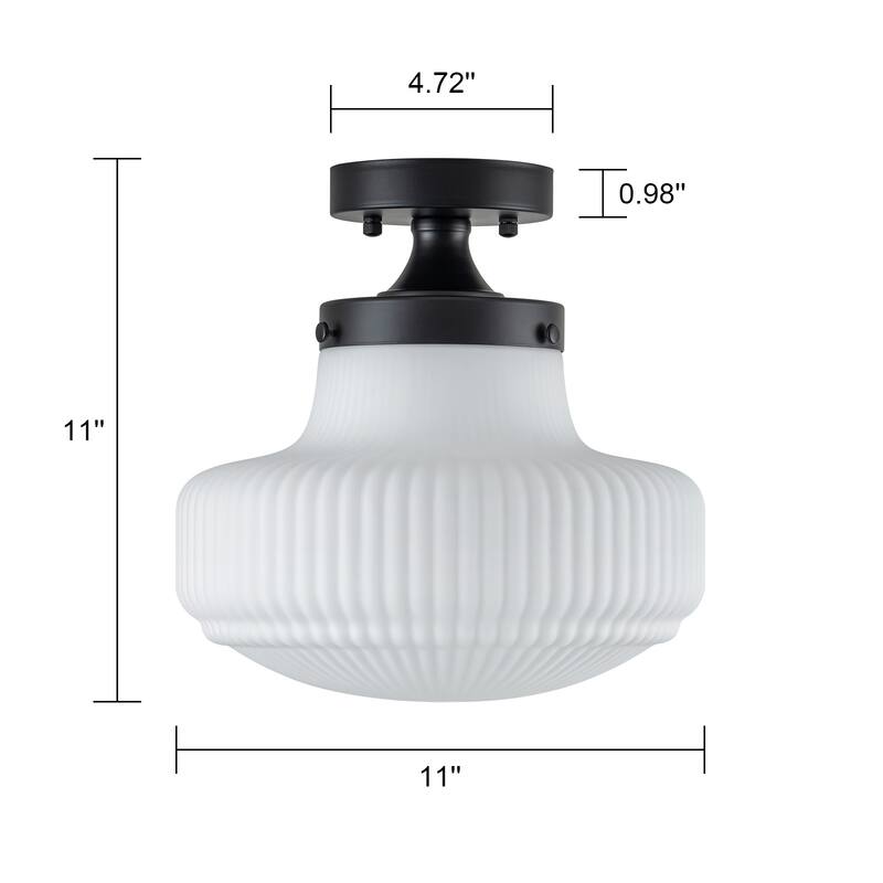 Modern 1-Light Opal Glass Semi Flush Mount - Black - 11-in W x 11-in H