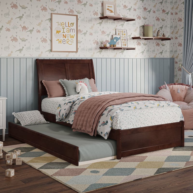 Andorra Platform Bed with Panel Footboard and Twin Trundle - Walnut - Twin