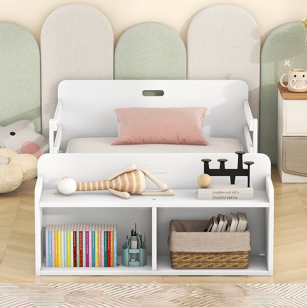 slide 2 of 20, Twin Size Floor Bed with Storage Footboard and Safety Guardrail,Classic Style White