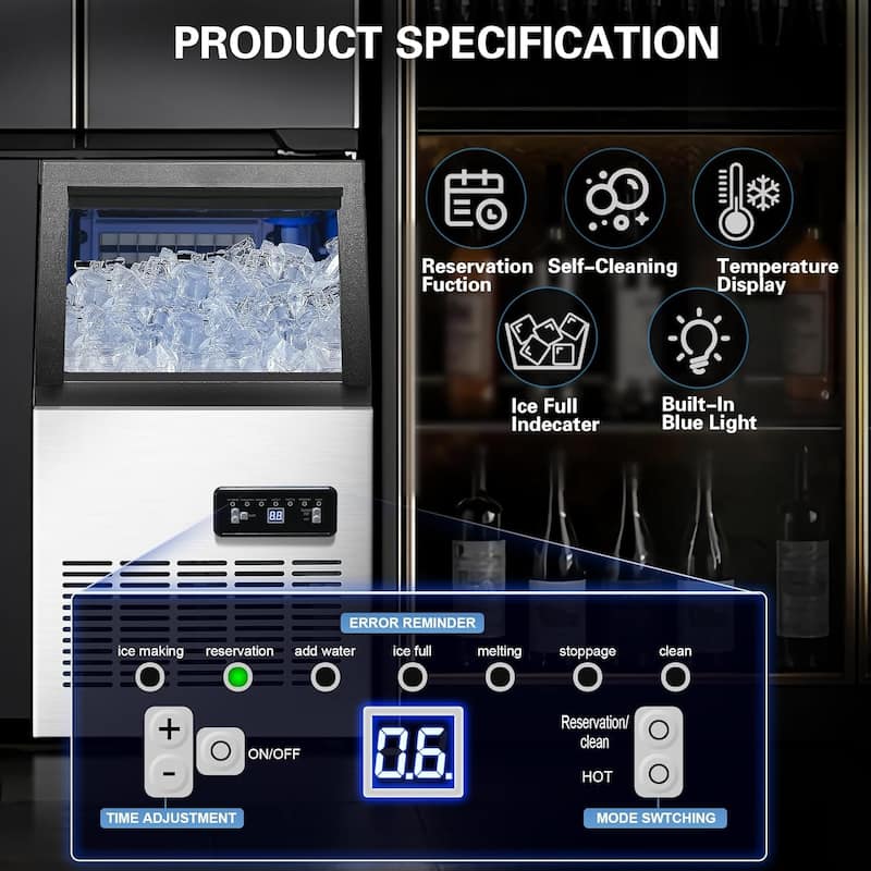 Commercial Ice Maker Machine 110LBS/24H Stainless Steel Freestanding 28LBS Storage Capacity Self-Cleaning 2 Water Inlet Modes