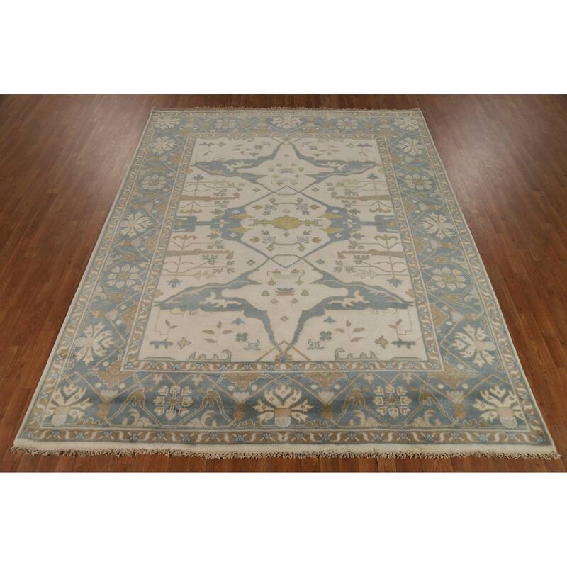 Ivory Oushak Indian Area Rug Handmade Wool Carpet - 8'1"x 9'10"