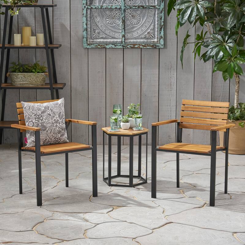 Roomfitters Outdoor Patio Dining Chairs, Wood and Metal Armchairs with Slatted Back for Garden Deck, Teak+ Black