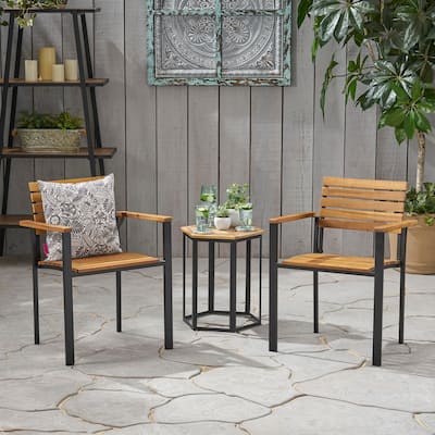 Roomfitters Outdoor Patio Dining Chairs, Wood and Metal Armchairs with Slatted Back for Garden Deck, Teak+ Black