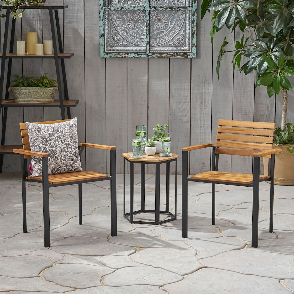Roomfitters Outdoor Patio Dining Chairs, Wood and Metal Armchairs with Slatted Back for Garden Deck, Teak+ Black
