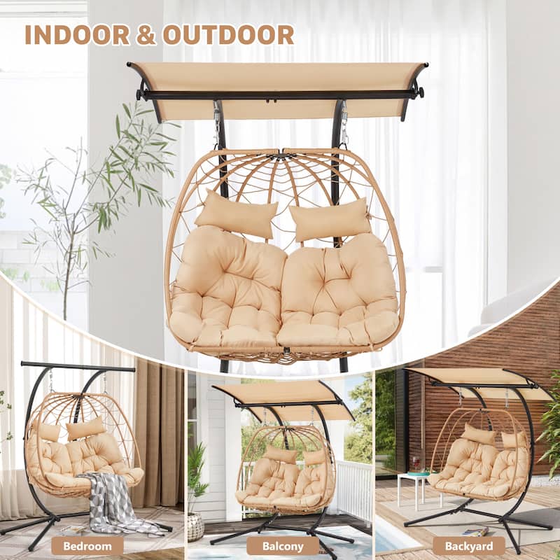 Double Egg Chair with Stand/Adjustable Canopy Patio Hammock Chair Hanging Swing Wicker Rattan Basket for Outdoor Balcony Garden