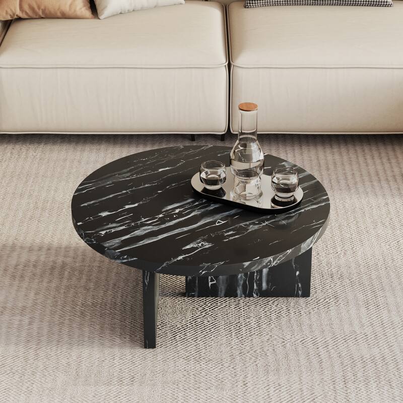Black MDF material circular coffee table with texture, 31.4 inch black middle table, modern tea table