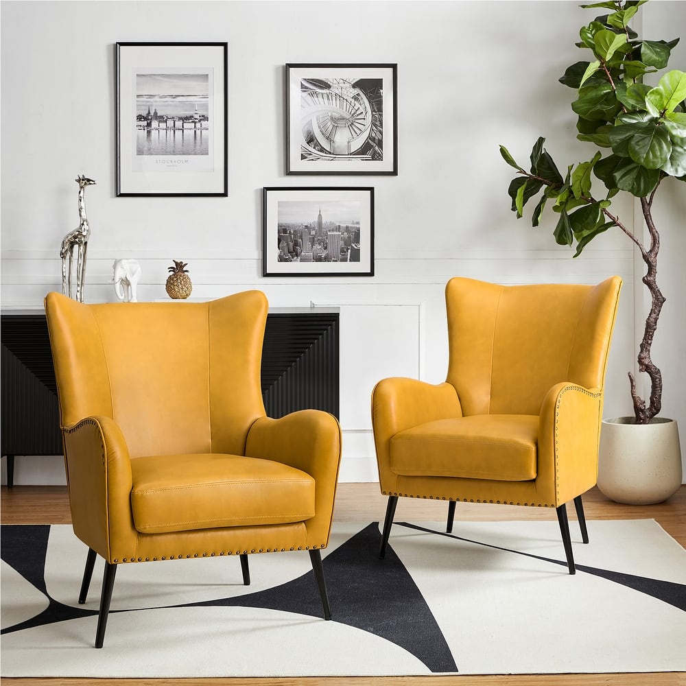 Invidiae Glam Faux Leather Wingback Armchair with Metal Legs Set of 2 by HULALA HOME