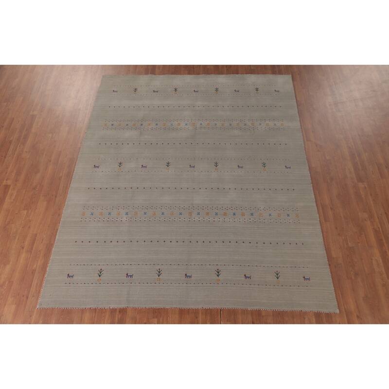 Tribal Gabbeh Area Rug Hand-Knotted Grey Wool Carpet - 7'11"x 9'7"