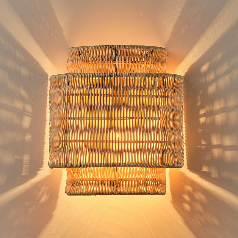 1-Light Bohemian Hand-Woven Rattan Wall Sconce Lighting