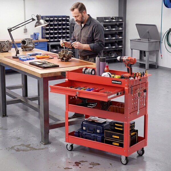 Ironmax 3 Tier Rolling Tool Cart with Lockable Drawer, Pegboards
