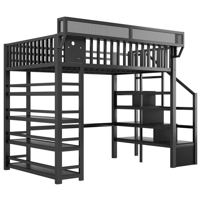 Full Size Metal Loft Bed with Charging Station and 4-Shelf Storage, Kids & Teens Loft Bed with Storage Stairs