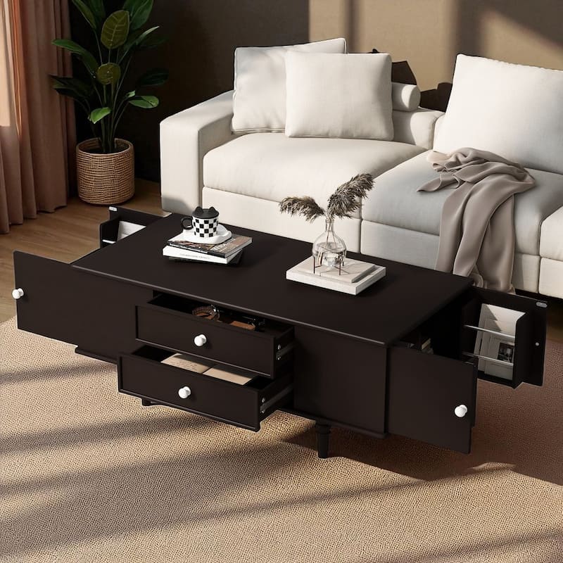 47.2" Modern Wood Rectangular Coffee Table with 4 Drawers, Side Hidden Compartments and Solid Wood Legs