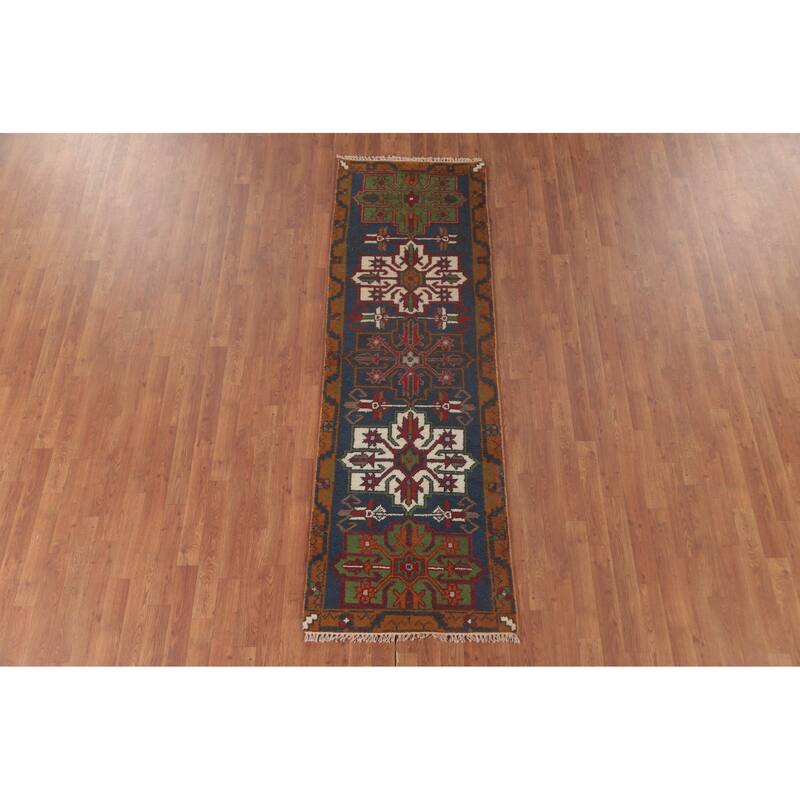 Blue Geometric Heriz Serapi Oriental Runner Rug Handmade Wool Carpet - 2'7"x 7'10"