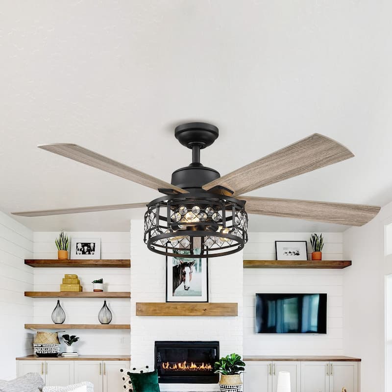 52" Oak Wooden 5-Blade Crystal LED Ceiling Fan with Remote - 3-Light