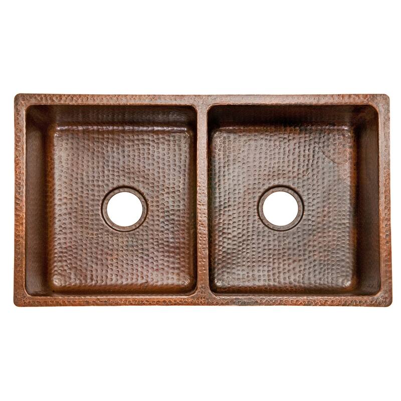 33-in Hammered Copper Kitchen 50/50 Double Basin Sink with Matching Drains, and Accessories (KSP3_K50DB33199)