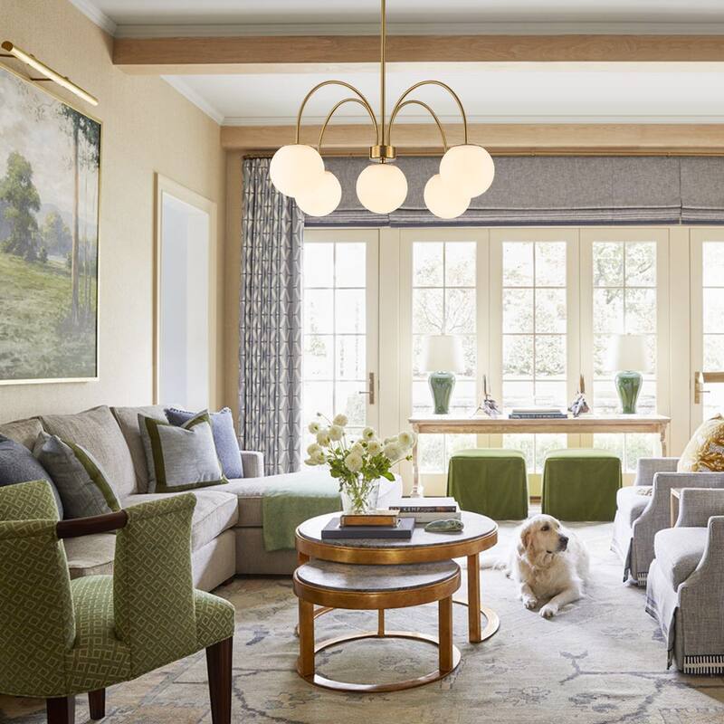 Modern 5-Light Curved Arm Opal Glass Globe Sputnik Chandelier 30in