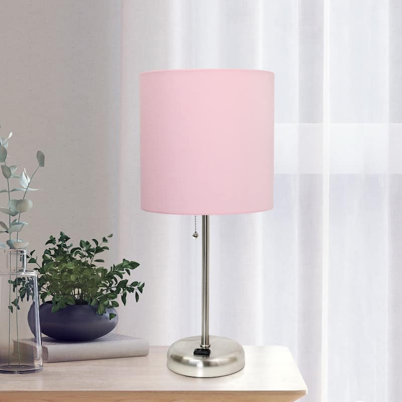 Brushed Steel Bedside Table Desk Lamp with Drum Shade - 19.5" - Silver and Pink