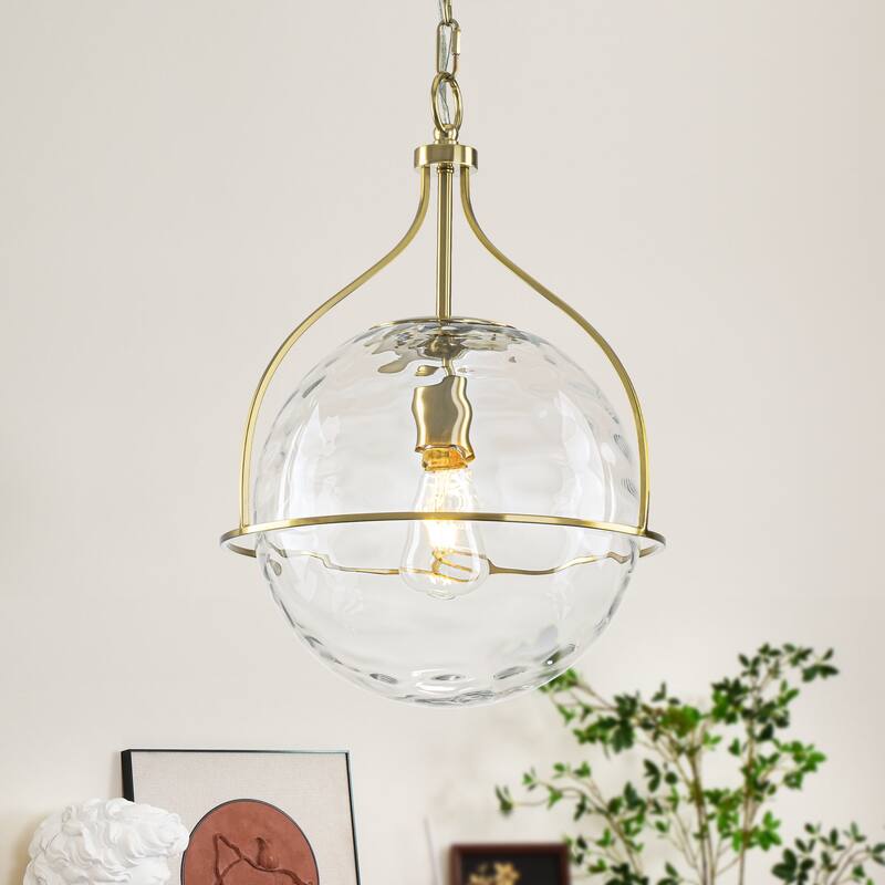 1-Light Modern Transitional Metal & Glass Pendant with Water-Ripple Glass Sphere for Living Room - 13.2" W x 19.3" H - 13.2" W x 19.3" H - Clear/Gold