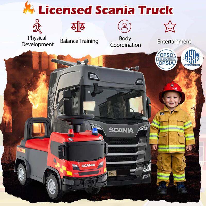 Costway Licensed Scania Toy Fire Truck with Lights Sounds & Under-Seat - See Details