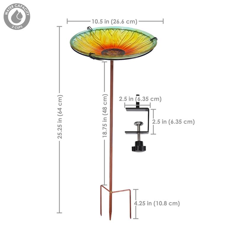 Deck-Mounted Glass Bird Bath with Stake