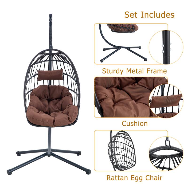 Rustproof Hanging Chair with Plush Cushion, Outdoor Egg-Shaped Swing Chair with a Non-slip Octopus Base - Black Brown