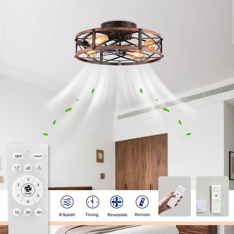 20 inch Flush Mount Ceiling Fan Light with Remote Caged Farmhouse Fandelier Black Wood Low Profile