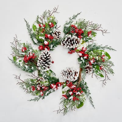 24" Snowy Pine Wreath w/ Berries Pod & Pine Cones - Multicolor