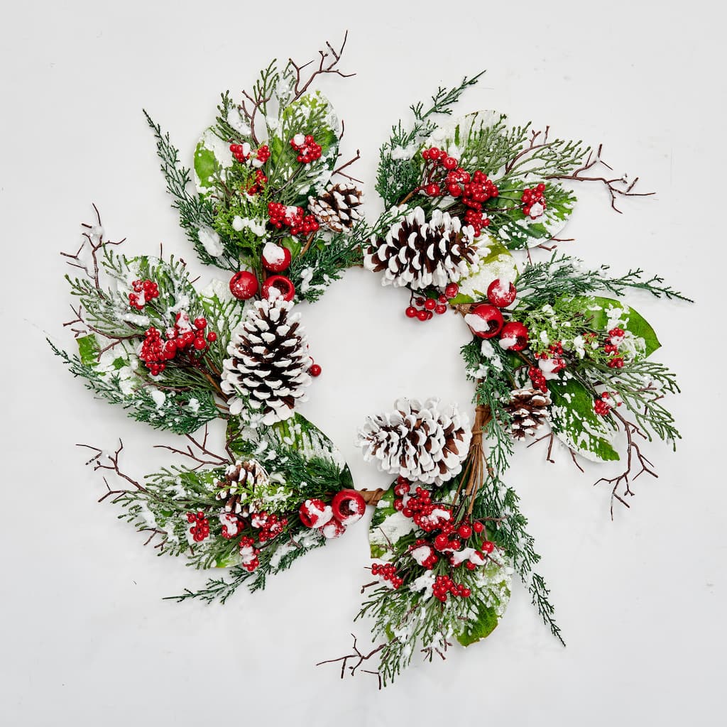 24" Snowy Pine Wreath w/ Berries Pod & Pine Cones - Multicolor