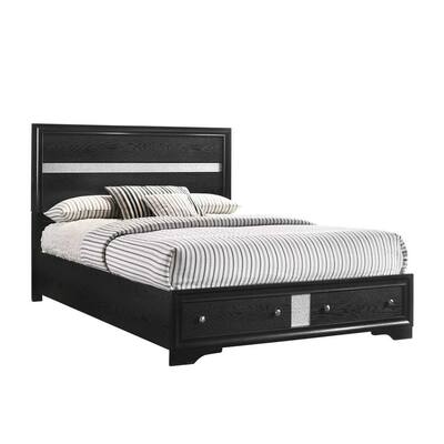 Regi Queen Bed, 2 Storage Drawers, Silver Striped Headboard, Black Wood