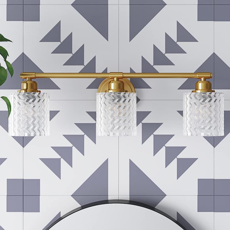 Modern 3-Light Textured Cylinder Glass Shade Vanity Light for Bathroom - Gold