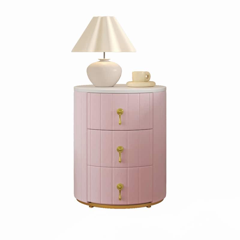 Upholstered Nightstand with 3 Drawers, Round Bedside Table, Pink