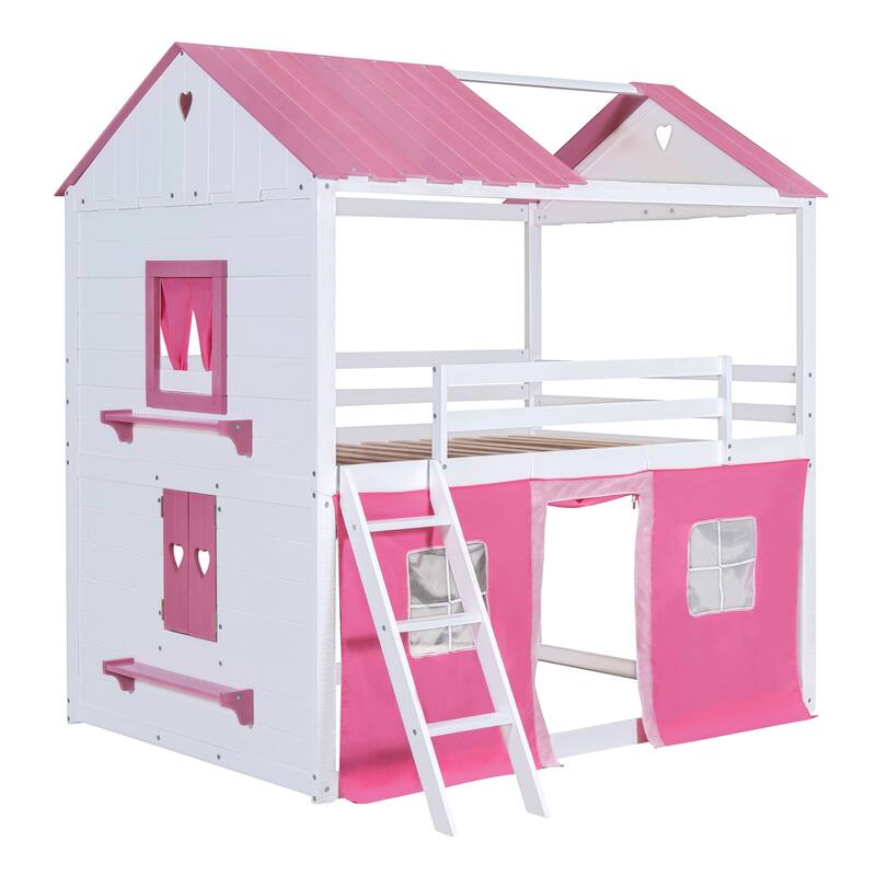 Full Size Wooden Bunk Bed with Elegant Windows and Tent Design in Pink and White