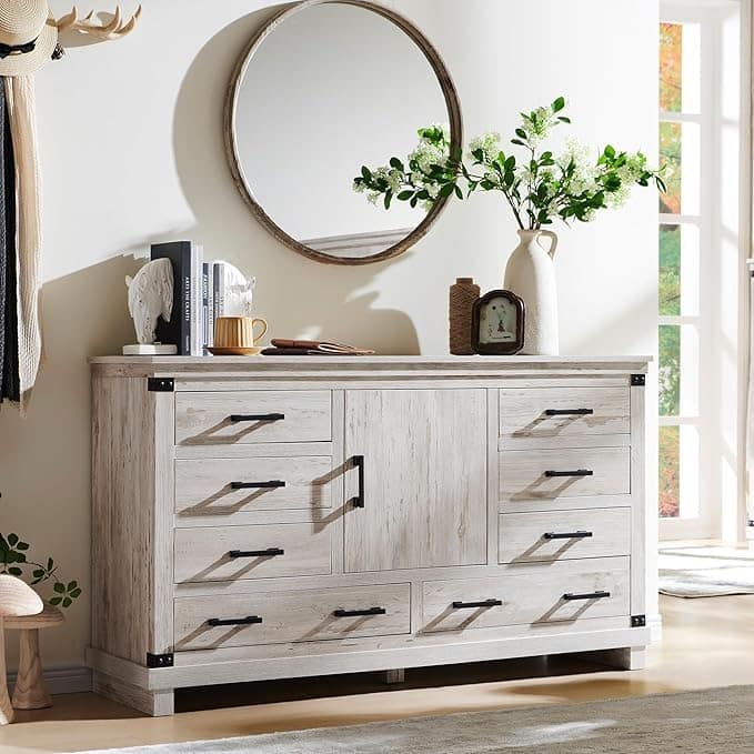 Farmhouse 8 Drawer Dresser, Wood Long Chest of Drawers, Closet Dresser - Antique Brushed White