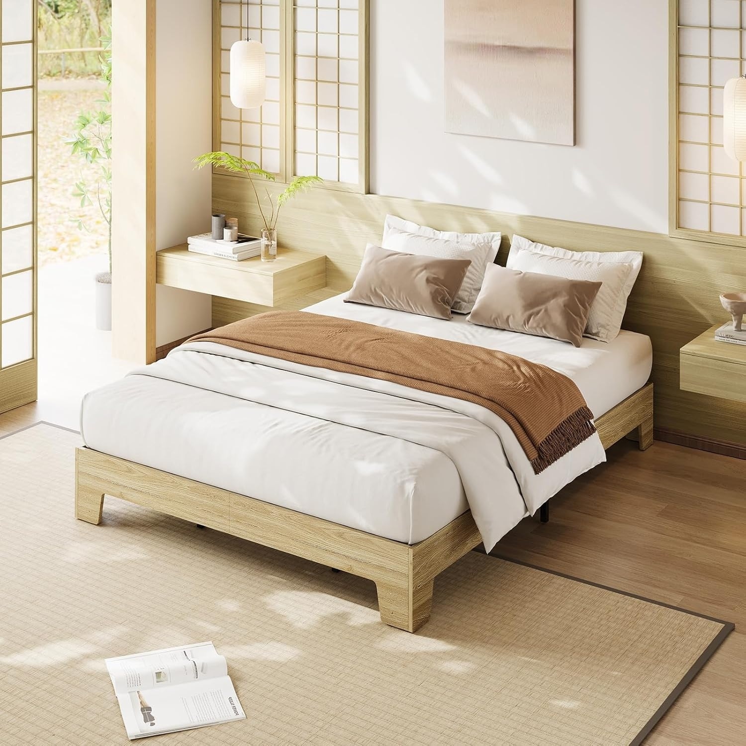 Bed Frame, Wooden Platform with Wood Slats Support, Underbed Storage Space Noise-Free No Box Spring Easy Assembly