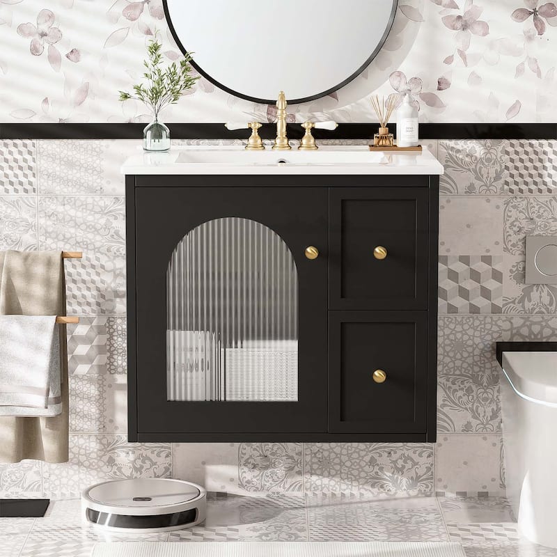Bathroom Cabinet with Ceramic Sink,2 Drawers and 1 Soft-Close Door - Black