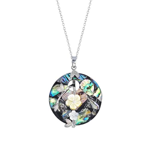 Silvertone with Natural Abalone Shell, White Shell and Yellow Shell Circle Pendant with 18" Chain